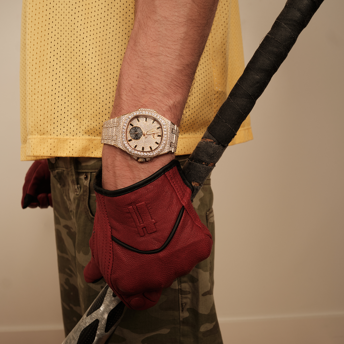 39MM Visionary Fully Iced Case & Steel Band Watch - Yellow Gold