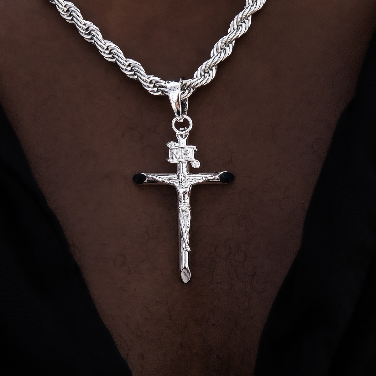 Large Crucifix Cross Pendant in White Gold