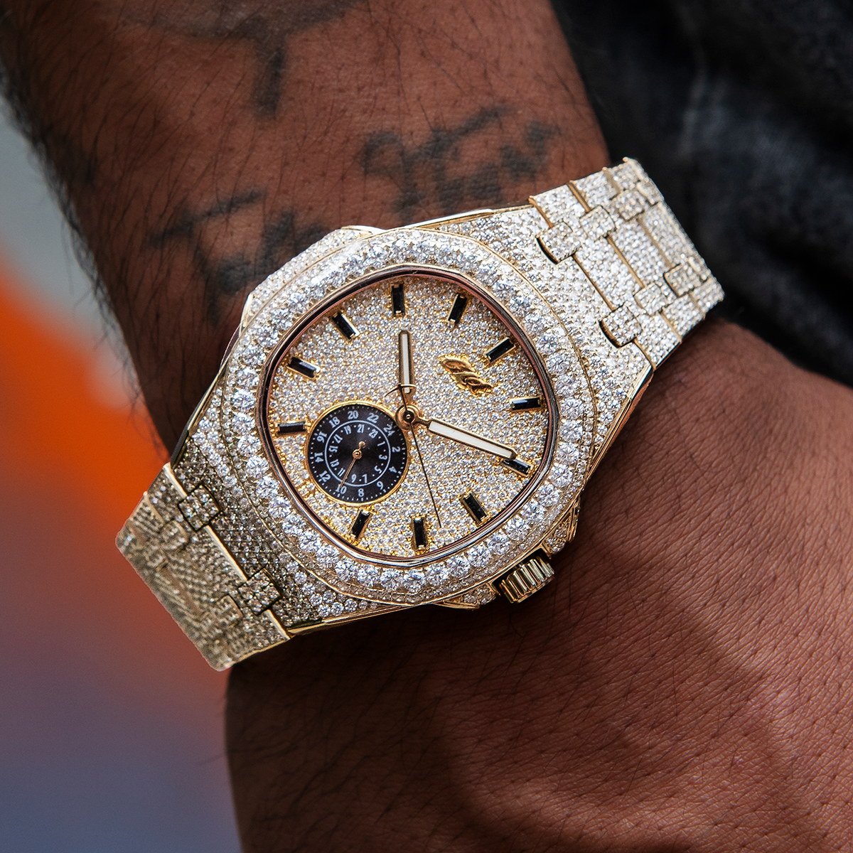 39MM Visionary Fully Iced Case & Steel Band Watch - Yellow Gold